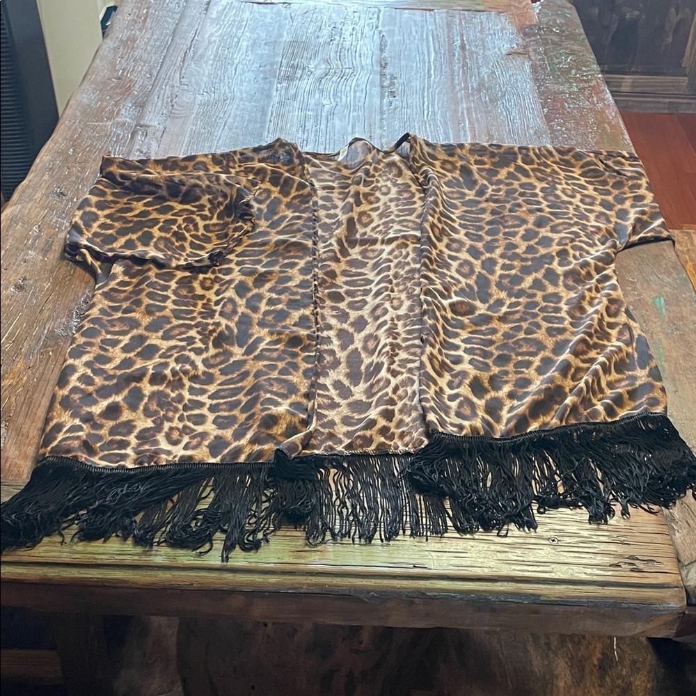 Cezanne Brown Leopard Print cover up or kimono with fringe